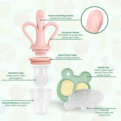 JEXFUN Baby Fruit Feeder & Breastmilk Popsicle Mold Set, Silicone Food Feeder Pacifier for Cooling Relief with 3 Replaceable Pouches, BPA-Free Teething Toy for Safe Infant Self Feeding (Pinkish)