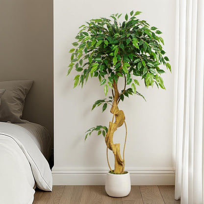 Keeplush 4ft Large Ficus Artificial Trees in White Pot, 48" Tall Fake Silk Tree with Natural Curved Trunk, Lush Faux Ficus Tree for Indoor Home Decor, Living Room, Office & Patio