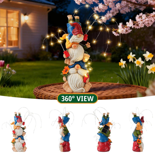Congliulin Gnomes Decorations for Yard, Triple Stacked with DIY Firework Lights, Solar Garden Gnome Outdoor Decor Statue for Patio Lawn, Mothers Day Birthday Gift for Mom Grandma (11.5in)