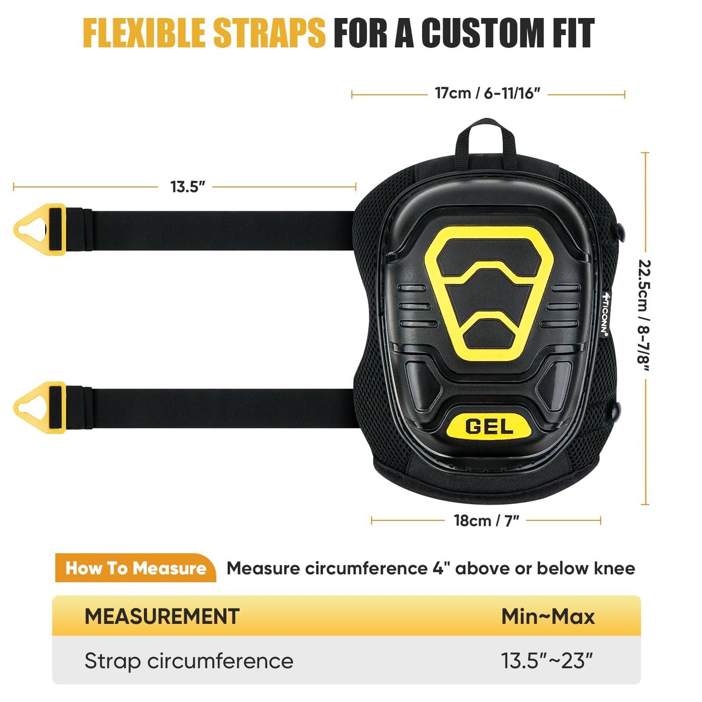 TICONN Gel Knee Pads for Work, Professional Heavy Duty Work Knee Pads for Men with Soft Foam and Gel Cushion for Men Construction, Garden, Flooring (Black/Yellow)