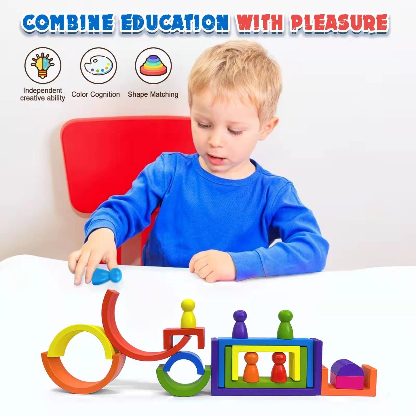 BOZE SUPOD Wooden Toys, Montessori Toys for Kids 3 4 5 6+Years Old Boys Girls Rainbow Stacking Blocks Set Preschool Activites Educational Toy Gifts for Toddler-19PCS
