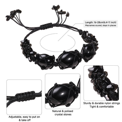 TUMBEELLUWA Boho Handmade Braided Crystal Holder Bracelet Chakra Healing Crystal Chips Bracelet Adjustable Trendy Jewelry Gifts for Women Men, Black Obsidian