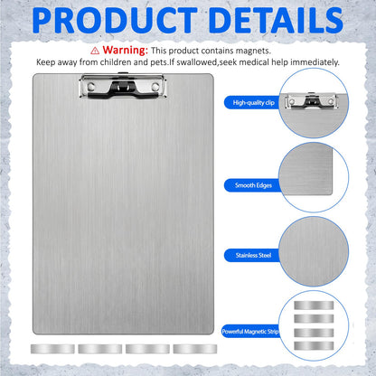 Seajan 1 Pack Stainless Steel Magnetic Clipboards with 304 Low Profile Clip Metal Magnetic Clipboards Stainless Steel A4 Letter Size Document Holder for Office Fridge Recipe Splint (Silver,9x12.5inch)