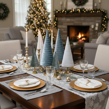 Hoolerry 6 Pcs Christmas Velvet Trees with Gold Pedestal Christmas Velvet Cones Tree Mantel Decor Modern Rustic Winter Home Minimalist for Holiday Entryway Table Wedding Centerpiece(Morandi)