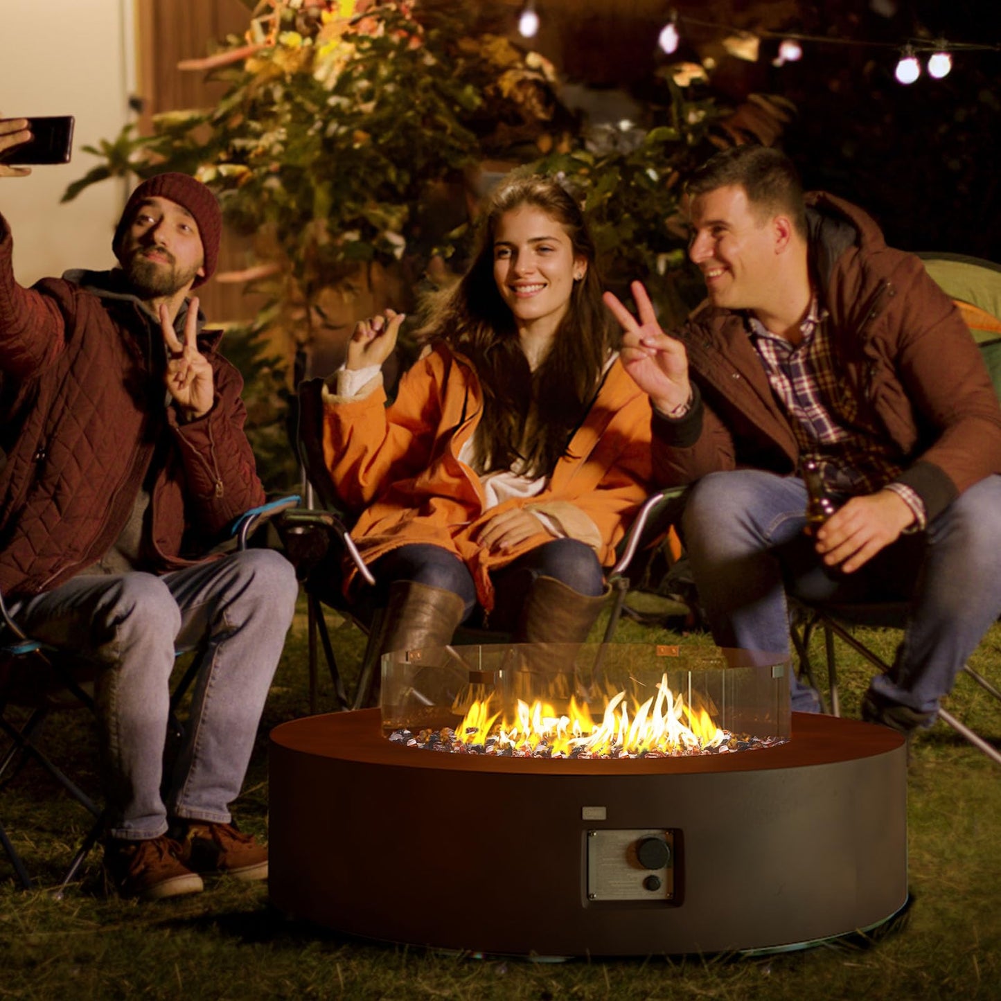 COSIEST Outdoor Propane Fire Pit Coffee Table w Bronze 42 inch Round Base Patio Heater, Certified, 50,000 BTU Stainless Steel Burner, Wind Guard, Transparent Gray Fire Glass, Waterproof Cover