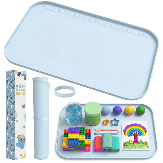 AWOKE 24"x16" Silicone Mats for Crafts with 0.7" High Edges, Large Leak-Proof Art Mat for Resin, Painting, Clay, Slime, Non-Stick & Non-Slip Table Protector for Kids & Adults, Easy to Clean (Blue)