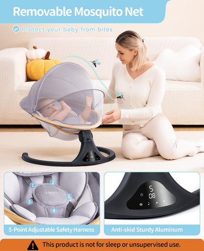 LAREX Baby Swing to Toddler Electric Infant Swing Portable for Newborn Boy Girl, 5 Sway Speeds with Remote Control, 12 Preset Melodies and Bluetooth, 0-6 Months Max 20 Lbs (Light Wood Grain)