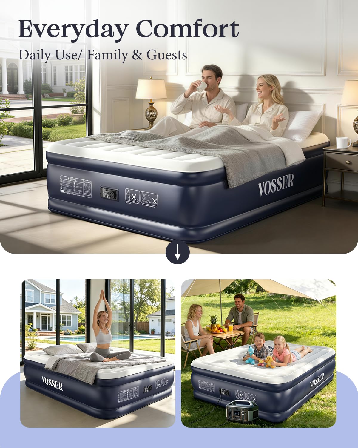 VOSSER Air Mattress Queen with Built-in Pump, 18" Raised Inflatable Blow Up Mattress,Upgraded Heavy Duty Portable Air Bed for Home,Guests,Floor & Camping, Self Inflating Colchon Inflable,Gift for Mom