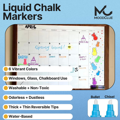 MoodClue Liquid Chalk Markers for Glass Erasable – 6 Neon Wet & Dry Erase Chalk Markers, Reversible Fine & Bold Tip, Washable Window, Mirror, Whiteboard, Blackboard & Car Window
