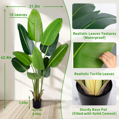 CETRD Artificial Bird of Paradise Plant 5.2Ft Fake Tropical Palm Tree with 10Trunks Faux Banana Leaf Trees in Pot for Home Indoor Outdoor Office Modern Decor Housewarming Gift（1Pcs）