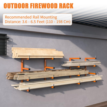 2-Pack Lumber Storage Rack, Wood Storage Racks Wall Mount, Heavy Duty Garage Wood Organizer With 4-Level System, Orange Utility Rack Organization Up 800 Lbs, Metal Lumber Shelf for Indoor and Outdoor