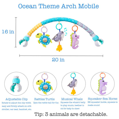 BATOHO Baby Stroller Arch Toy, Clip On Arch Mobile for Bassinet with Universal Clamps, Activity Toy Bar for Bouncer Musical Crib Mobile Toys for Infants Car Seat Toys Rattle Turtle Music Whale