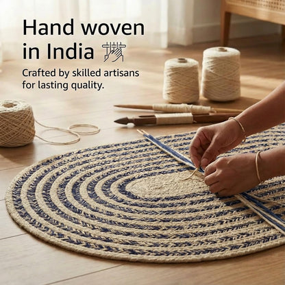 Cotton Braided Rug - 20" X 30" Beige and Navy Oval Woven Farmhouse Rug for Bathroom - Braided Minimalist Rugs for Kitchen - Rustic Primitive Rugs for Entryway