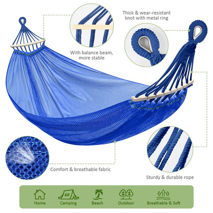 Outdoor Hammock, Super Soft and Breathable Mesh Hammock Made of Cool Nylon with Wooden Bars for Indoor, Balcony, Terrace, Garden, Camping, Backpacking