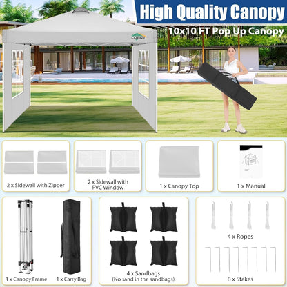 COBIZI 10x10 Pop Up Canopy Tent, One Push Outdoor Gazebo with 4 Removable Sidewalls & Air Vent, Waterproof Commercial Easy Up Adjustable Canopy with 4 Sandbags, 4 Stakes & 8 Ropes for Party, White