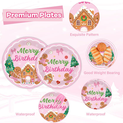 96 Pcs Gingerbread Birthday Party Plates Napkins Tableware Set Pink Christmas Party Supplies Disposable Dinnerware Merry Birthday Decoration Favors for Winter Xmas Baby Shower Holiday, 24 Guests