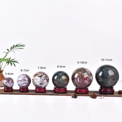 JIC Gem Natural Ocean Jasper Crystal Sphere Decorative Ball with Wooden Stand Meditation Balls for Witchcraft Reiki Healing Gift 50-60mm