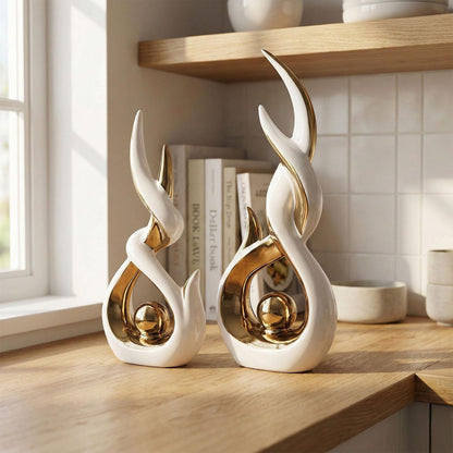 LCCCK White and Gold Abstract Ceramic Sculpture Set of 2 Modern Electroplated Figurines Decorative Statues for Living Room Shelf Mantel Tabletop Home Decor Housewarming Gift