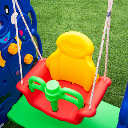 HONEY JOY Swing and Slide Set for Toddler, 4-in-4 Kids Play Climber Swing Playset w/Basketball Hoop, Extra Long Slide with Buffer Zone, Easy Setup Climb Stairs for Indoor Outdoor Games