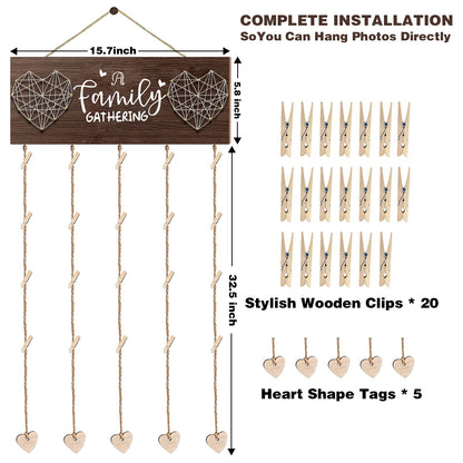 Picture Frames Collage Wall Decor, Rustic Wooden Hanging Photo Display with Clips - Holds 20 4x6 Pictures - Photo Holder for Home Decor, Gift Ideas, Family Memories, Christmas Card Holder