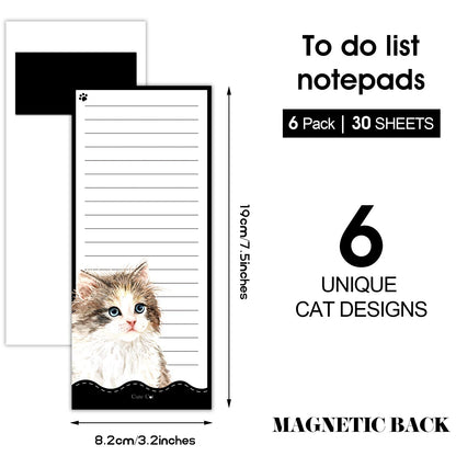 Zonon 6 Pack Cats Magnetic Notepads for Fridge To Do List Magnetic Back Memo Pad Reminders Notepads for Fridge, Grocery, Shopping, Reminders, 30 Sheets Per Pad, 7.5 x 3.2 Inch(Cat)