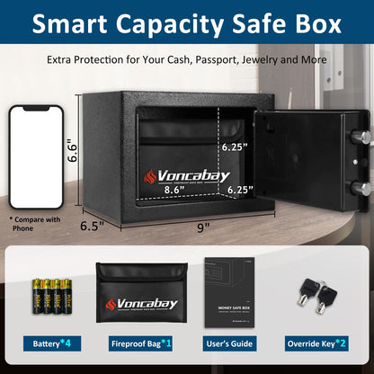 Voncabay Money Safe Box for Home with Sensor Light & Fireproof Money Bag - 0.23 Cubic Feet Security Safe Box with Digital Keypad, Keys & Pass Code Lock, 9.05" W x 6.69" D x 6.69" H, Black