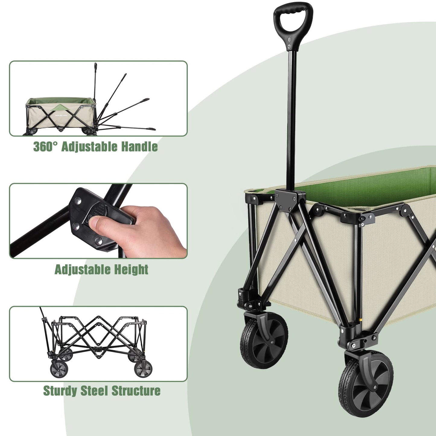 HAUSHOF Heavy Duty Collapsible Wagon, Folding Outdoor Utility Wagon, Camping Garden Beach Cart with Universal Quick Release Wheels, Adjustable Handle, 2 Cup Holders, 176 lbs Load Capacity, Green