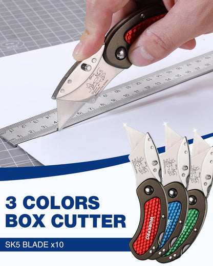 WORKPRO Folding Utility Knife Set Quick Change Blade, Back-lock Mechanism 3-piece with 10-piece Extra Blades