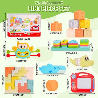 8-in-1 Montessori Baby Toys for 6-12 Months,Babies Travel Toy Set with Stacking Blocks, Pull Teether, Sensory Shape Sorter, Drawing Board & Harmonica, Infant Learning Gift for Toddler 1-3 Year Old