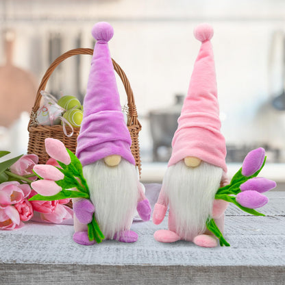 KnomeKo Tulip Gnome Spring Decor, 2Pcs Spring Home Decorations for Farmhouse Table Tiered Tray Decor, Gift Gnomes for Women, Mother