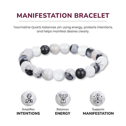 Crystal Vibe Manifestation Bracelet - Handmade Natural Black Rutile Tourmaline Quartz Stone 8mm Beaded Bracelet - Yoga Bracelet Gift for Him Her - Elastic Adjustable Size