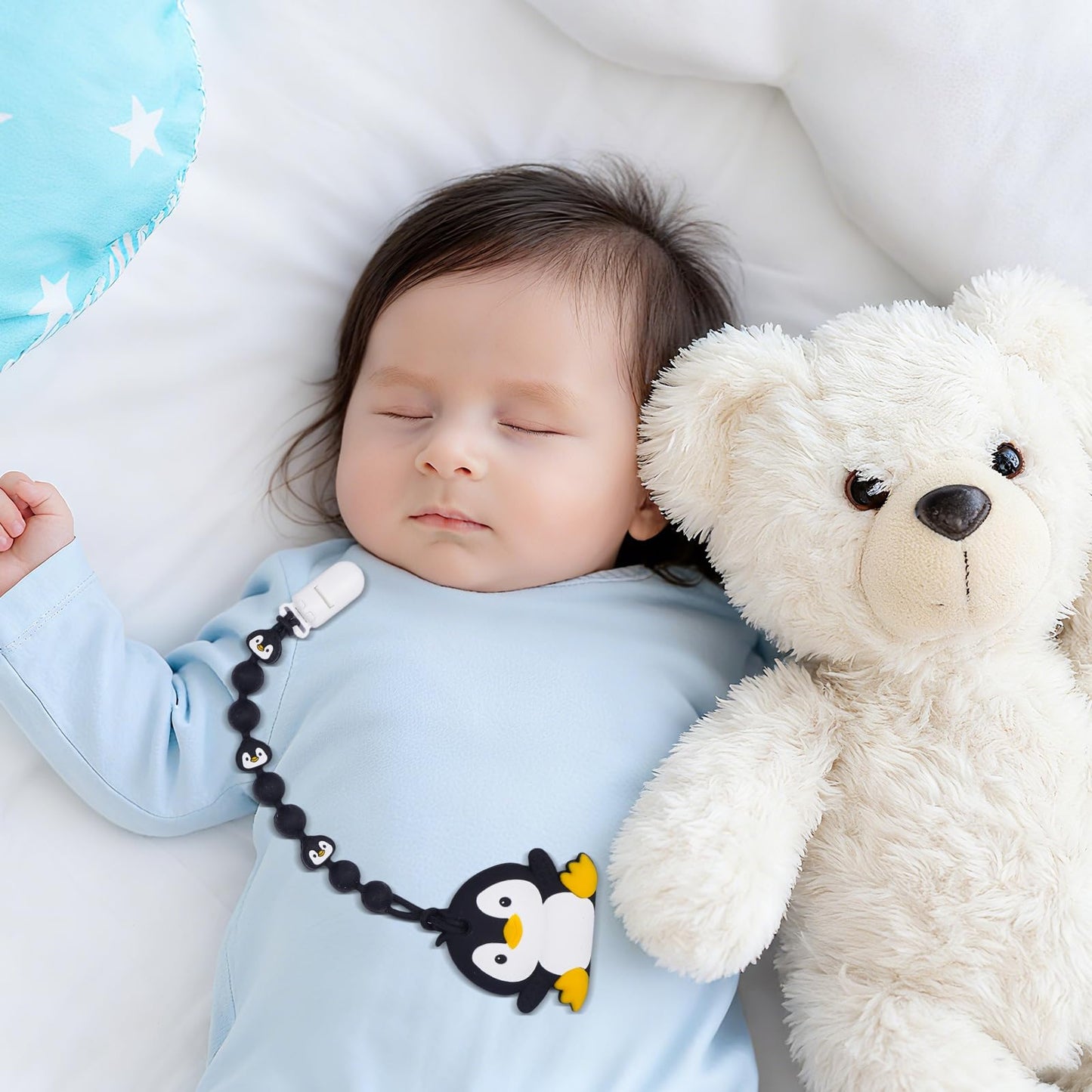 Cute Animal Baby Food Grade Silicone Teether Toy with One Piece Design Pacifier Clip Holder,Teething Pain Relief Toys Gift Set for 3 Months+ Boys and Girls,Freezer Safe,BPA Free (Penguin)