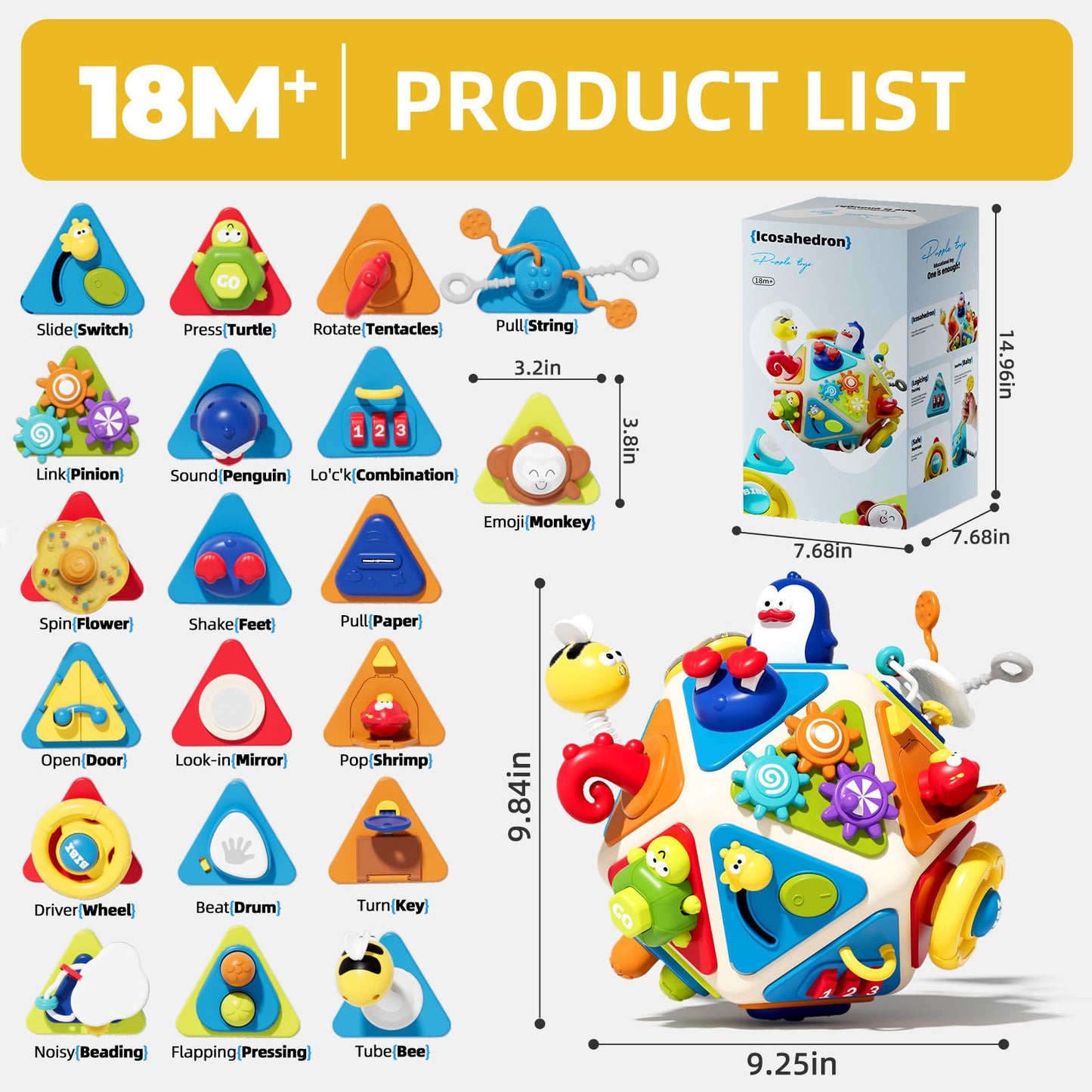Vanvimen 20-in-1 Toddler Busy Board Activity Cube Toys, Montessori Toy for 1 2 Year Old Boys Girls Kids, Early Educational Active Toy for Toddler 1-3, Christmas Toys Gifts for 1 2 Year Old Boy Girl