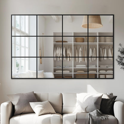 Antok Wall Mirror, 48" x 30" Window Pane Decorative Mirror, Metal Framed Wall Mounted Mirror, Hanging or Leaning for Living Room, Bedroom, Dining Room, Entryway, Black