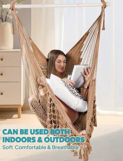 Chihee Hammock Chair Handmade Hanging Chair Cotton Rope Woven Hanging Seat Soft-Spun Large Stretch Hammock Swing, Collapsible Strong Metal Spreader Bar Elegant Macrame Comfort Indoor Outdoor Garden