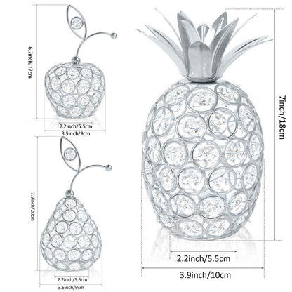 kehail Set of 3 Crystal Metal Pineapple Pear Table Centerpiece Handmade Crystal Candlestick Hollow Fruit Ornament Home Party Wedding Holiday Bar Decoration (Silver, Set of 3)