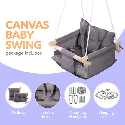 CaTeam Canvas Baby Swing Seat with 5-Point Safety Belt — Wooden Hanging Toddler Swing, Indoor & Outdoor, Ages 1-4, Ceiling Mount Hardware Included, Dark Gray