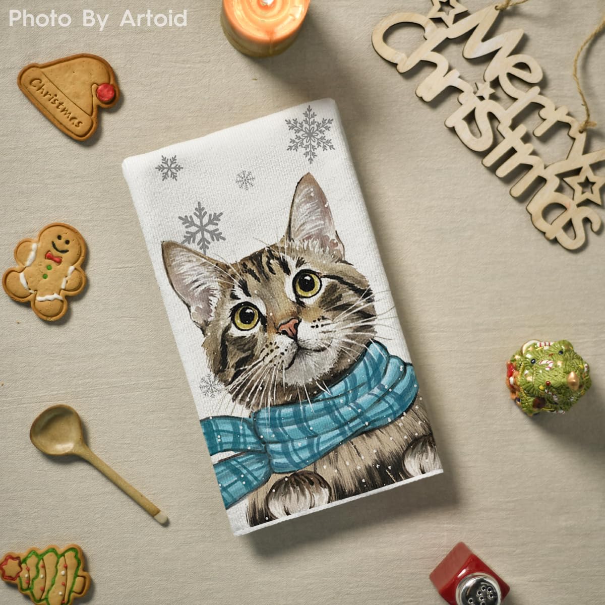 Artoid Mode Blue Cat Hello Winter Kitchen Towels Dish Towels, 18x26 Inch Print Snowflakes Christmas Decoration Hand Towels Set of 2