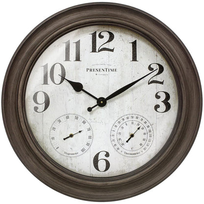 Presentime & Co. 26" Clifton in/Outdoor Farmhouse Clock with Thermometer & Hygrometer as All in One Weather Station, Farmhouse Wall Art and Timepiece for Home Decoration, Grey Oak Finish