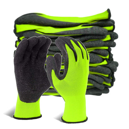Evridwear Crinkle Latex Rubber Hand Coated Safety Work Gloves for Men Women General Multi Use Construction Warehouse Gardening Assembly Landscaping (Large, Green 12 Pairs)