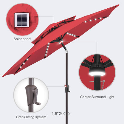 AckMizz 9ft Solar Umbrella Outdoor - 2 Tiers Lighted Solar Patio Umbrella with 40 LED Lights Waterprool UV Protection, Table Umbrella with Tilt for Pool, Porch, Garden, Backyard (Red)
