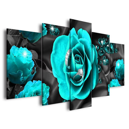 AWLXPHY Decor Teal Rose Wall Art Canvas Painting Framed 5 Panels for Living Room Decoration Modern Blue and Black Rose Stretched Artwork Floral Giclee (Blue, 60"x30")