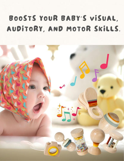 7 PCS Wooden Baby Toys Set - Organic Infant Rattles Newborns 0-6 Month & Montessori-Inspired Musical Instruments for 0-12 Month - Natural Toddler Developmental Toys
