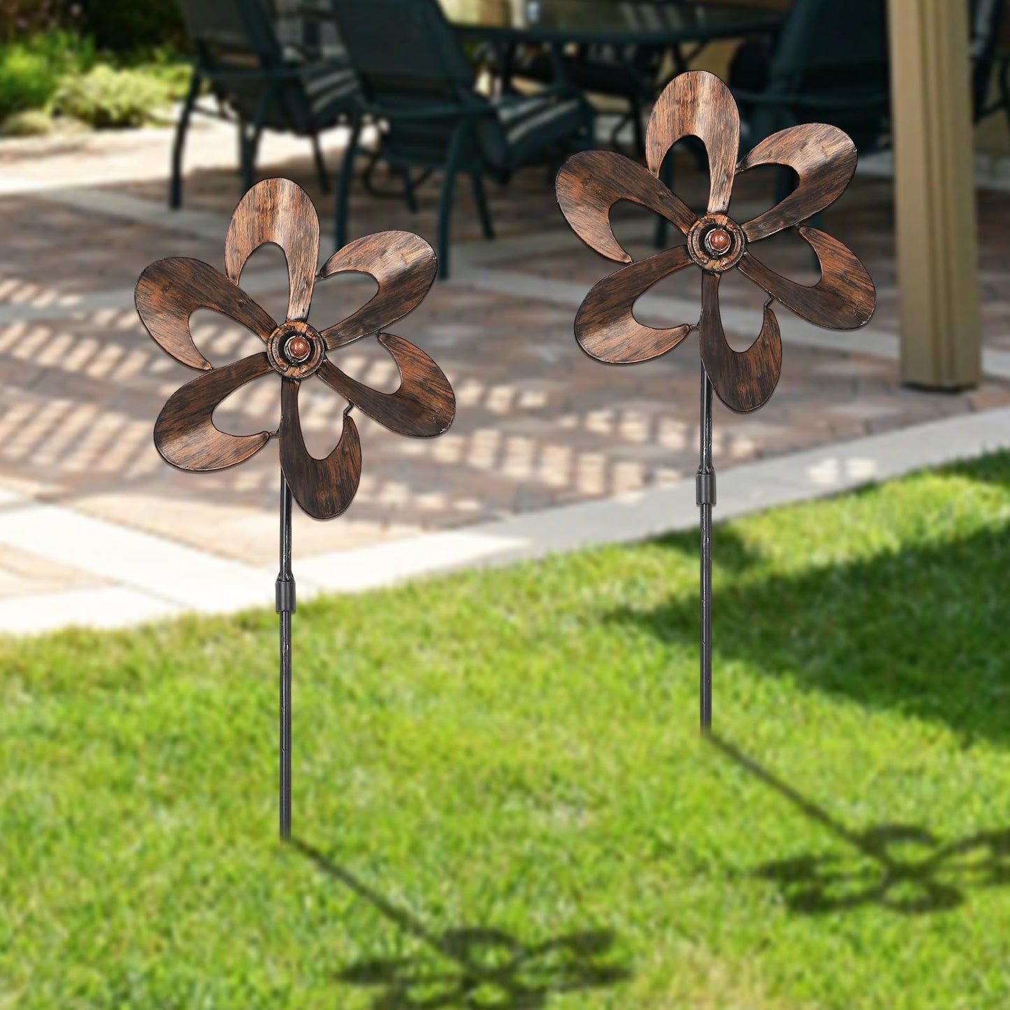 Aoutrow 3 Pack Wind Spinners with Metal Stake, 16.3 Inches Outdoor Wind Catcher Garden Sculptures Bronze Metal Windmill for Spring Garden Yard Lawn Patio Decoration