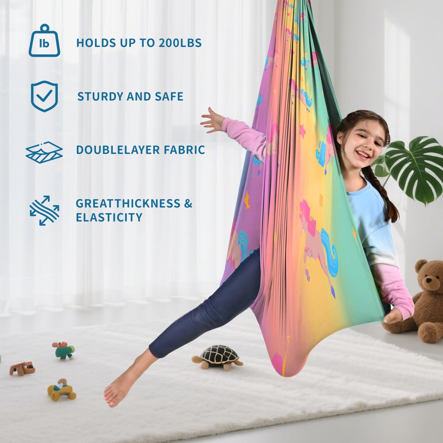 OUTREE Sensory Swing for Kids, Double Layer Therapy Hammock, Indoor Swing with 360° Swivel Hanger Kit and Adjustable Straps, Autism Sensory Product for Autism, ADHD (Unicorn Printed)