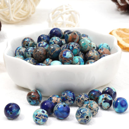 35pcs 10mm Natural Mixed Blue Imperial Jasper Gemstone Beads Energy Healing Crystal Round Loose Stone Beads for Jewelry Making, DIY Bracelets Necklaces