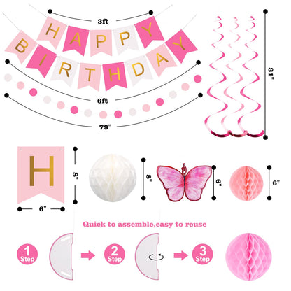 meowtastic Birthday Decorations, Happy Birthday Banner with Honeycomb Balls, Butterfly Hanging Swirl Streamers, Circle Dots Garland, Happy Birthday Party Decorations for Women Girls (Pink & White)
