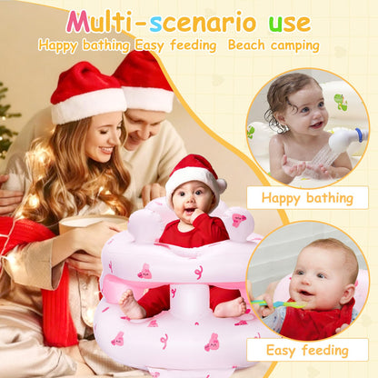 Inflatable Baby Seat for Babies 3-36 Months，[Squeaky Sound & Anti-Fall Design] Inflatable Chair with Sound-Making Ears, Baby Seat for Sitting-Up Practice, Built-in Air Pump (Pink Bunny)