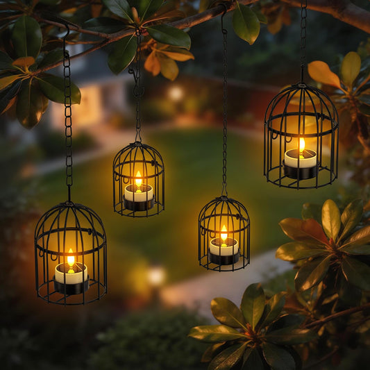 SoulBay Outdoor Lanterns with Solar Tea Lights, 4 Pack(2L 2S) Hanging Waterproof Solar Lights for Outside with Extended Chain, Bright & Long Lasting Solar Candles, Birdcage Lamp for Tree Patio Garden