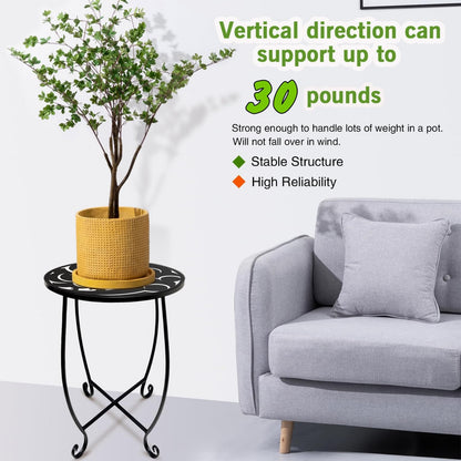 Kaesithar 2 Pack 15 Inch Tall Plant Stands Outdoor Indoor, Metal Side Tables for Patio, Weather Resistant Flower Pot Racks with Swirl Pattern, Black End Table Set for Garden Balcony